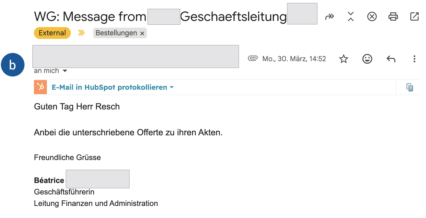 E-Mail eines Entscheiders mit unterschriebener Offerte, anonymisiert
